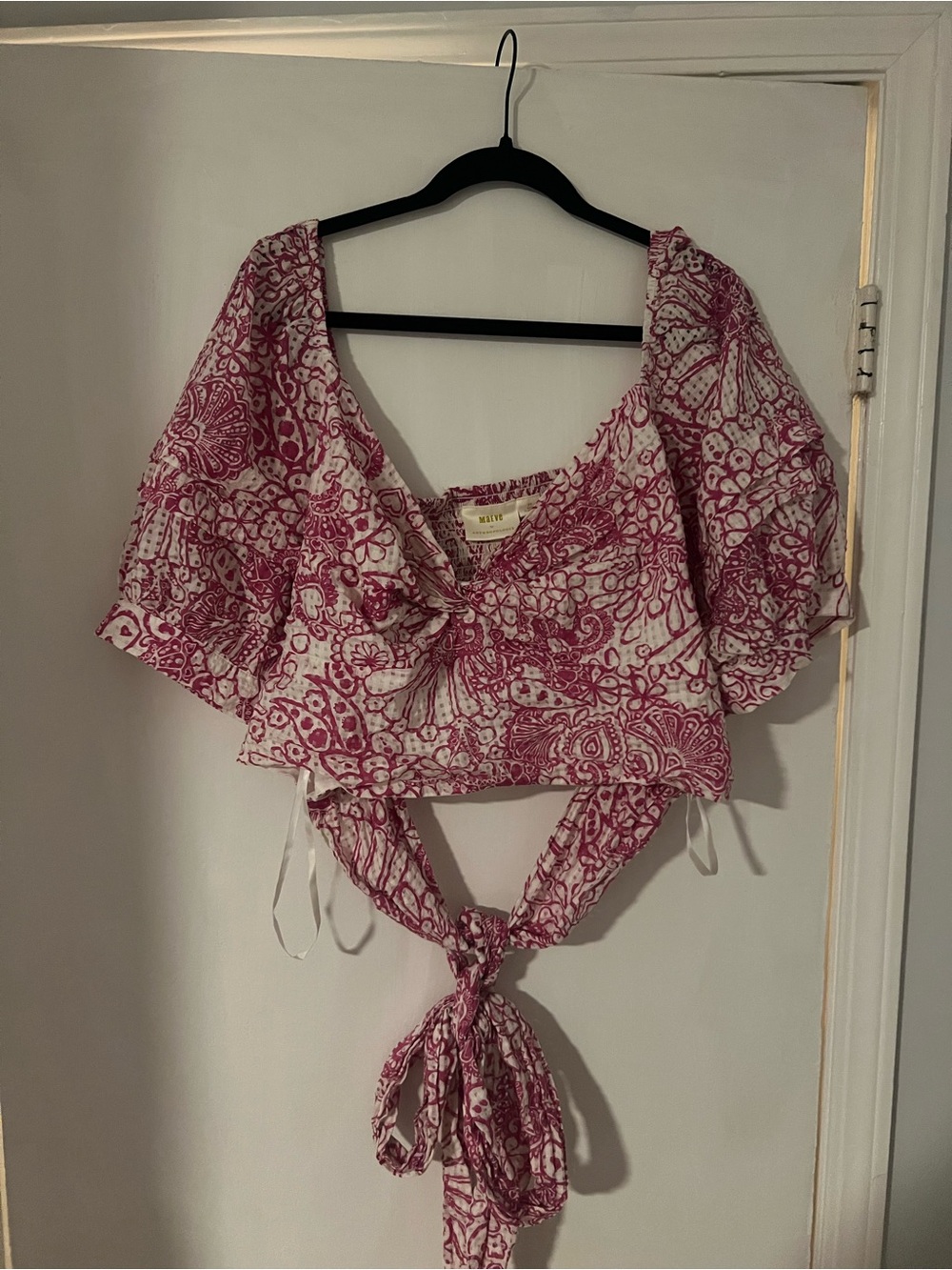 Anthropologie Pink Paisley Tie-Front Crop Top